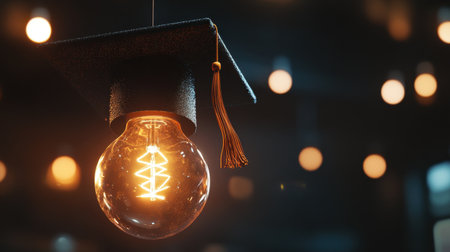 A striking image of a light bulb adorned with a graduate cap, featuring a warm glow. The blurred lights in the background create a festive atmosphere, symbolizing achievement.の素材