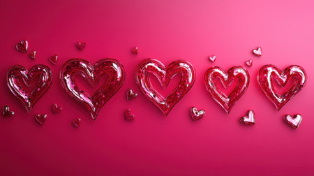 Array of shiny red hearts in various sizes on a vibrant pink background, perfect for themes of love, romance, and joyful celebrations. A striking visual ideal for greeting cards or festive decorations.の素材