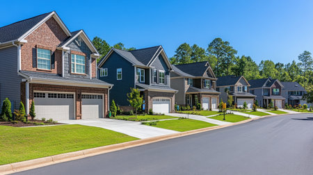 A picturesque suburban neighborhood showcases modern homes under a clear blue sky, featuring manicured lawns and well-maintained driveways, inviting a serene lifestyle.の素材