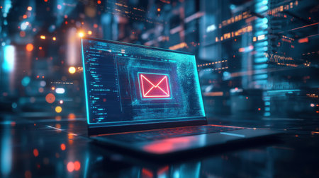 A sleek laptop showcases a glowing email icon against a vibrant digital backdrop, symbolizing modern communication and technology in a futuristic urban environment.の素材