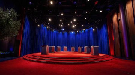 A captivating view of an empty debate stage featuring spotlights, red carpet, and blue curtains, perfect for discussions or political events setting the tone for future dialogue.の素材