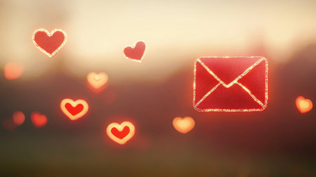 A dreamy background featuring glowing hearts and an envelope symbolizes love and connection. Perfect for conveying romantic messages or celebrations.の素材