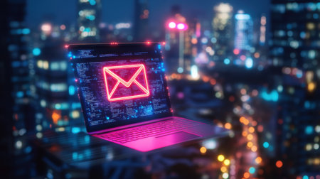A futuristic laptop displays a glowing email icon set against a vibrant city nightscape. The neon lights create a captivating atmosphere emphasizing digital communication and technology.の素材