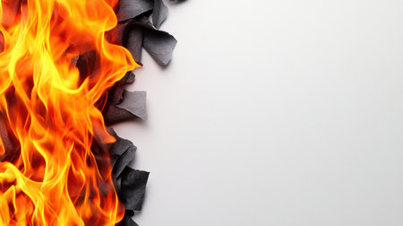 A striking image featuring bright flames and charred paper creating a dynamic contrast against a clean white background, symbolizing transformation and energy.の素材