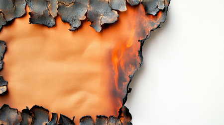 A striking image of burnt edge paper displaying vibrant flames and charred details against a neutral background. Ideal for creative projects and design inspiration.の素材