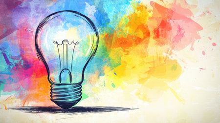 A vibrant illustration of a light bulb surrounded by colorful splashes, symbolizing creativity and inspiration. Ideal for projects focused on ideas and innovation.の素材