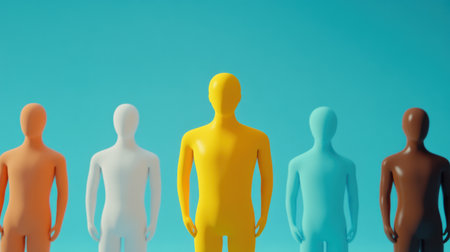 This vibrant image showcases colorful figurines that symbolize diversity and inclusion, representing various backgrounds in a harmonious arrangement against a bright backdrop.の素材