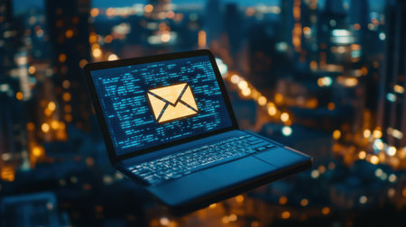 A sleek laptop displaying an email icon, set against a vibrant city skyline at night. The glowing lights highlight the connection between technology and modern communication.の素材