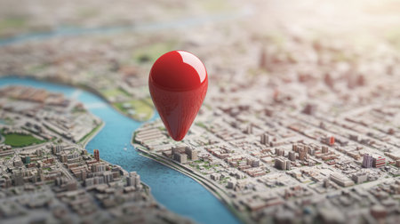 A vibrant red location marker hovers over a detailed city map, emphasizing navigation and exploration. Ideal for travel and geographic themes.の素材