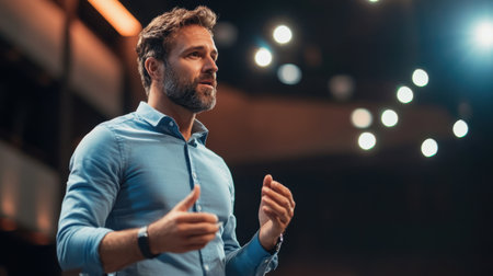 A business professional stands confidently on stage, delivering an engaging presentation. The spotlight highlights his expressive gestures, showcasing leadership and communication skills in a dynamic conference setting.の素材