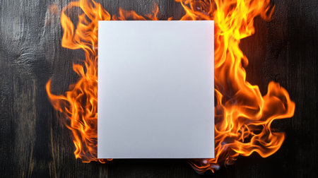 A blank sheet of paper engulfed in vibrant flames, resting on a dark wooden background. This dramatic image captures the dynamic contrast between fire and paper.の素材
