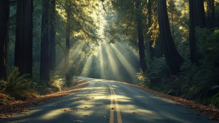 A tranquil road meanders through a majestic redwood forest, with sunlight filtering through tall trees, creating an enchanting atmosphere of nature's beauty.の素材
