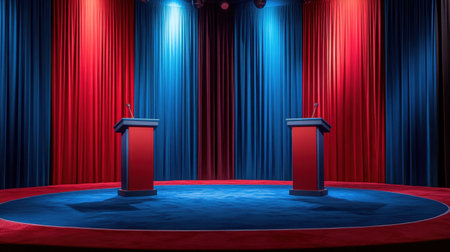 A captivating empty debate stage featuring vibrant red and blue curtains, two podiums with microphones, and a round carpet, perfect for political events.の素材