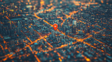 A captivating aerial view of a city at night, showcasing shimmering lights and a highlighted location pin, symbolizing exploration and navigation in urban landscapes.の素材