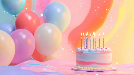A colorful birthday cake adorned with candles is set against a vibrant backdrop of balloons. This festive scene captures joyful celebration and sweetness.の素材