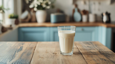 A glass of fresh milk stands elegantly on a rustic wooden table, surrounded by a cozy kitchen setting, highlighting simplicity and warmth in everyday life.の素材