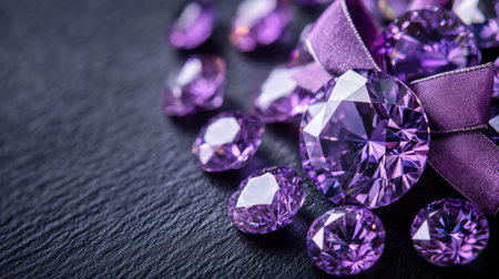 A stunning arrangement of sparkling purple gemstones with a delicate ribbon, set against a dark textured background, ideal for showcasing elegance and luxury.の素材