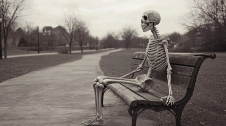 A humorous scene depicting a skeleton sitting on a park bench amidst a tranquil landscape. The black and white setting evokes a sense of stillness and contemplation.の素材