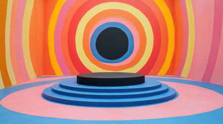 This vibrant geometric stage features a circular design with bold gradients and playful hues, offering a striking backdrop for creative presentations and artistic displays.の素材