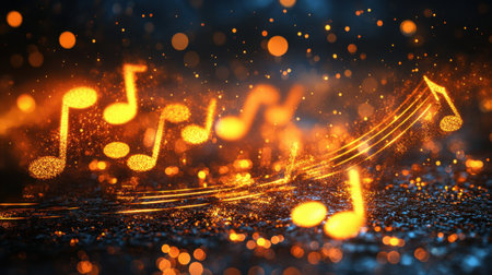 This enchanting image showcases sparkling musical notes against a blue background, surrounded by glowing particles. Perfect for creative projects related to music and celebration.の素材