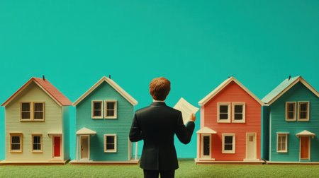 A businessman stands before colorful miniature houses, pondering real estate investment decisions. The vibrant scene embodies opportunity and strategic planning in property management.の素材