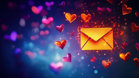 An artistic representation of an orange envelope surrounded by colorful hearts, creating a vibrant scene that symbolizes love, communication, and joy. Ideal for romance themes.の素材