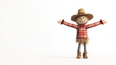 This cheerful scarecrow decoration, with its wide open arms and smiling face, embodies the spirit of autumn and rural life. Perfect for home or garden display.の素材