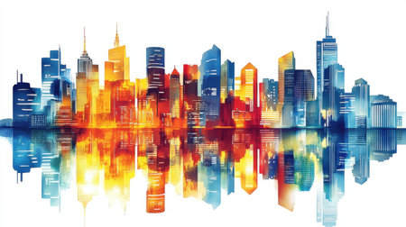 Stunning abstract illustration of a colorful city skyline reflecting on water at sunset. This vibrant artwork captures the essence of urban life and beauty.の素材