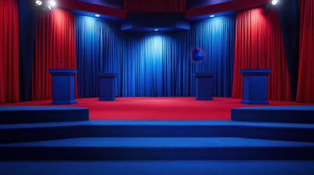 An empty stage designed for a political debate featuring vibrant red and blue curtains and podiums. Ideal for themes of democracy and public discourse.の素材