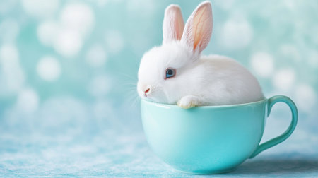 An adorable white bunny nestled in a light blue cup, capturing a serene moment of cuteness against a softly blended background, perfect for springtime themes.の素材