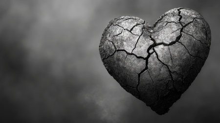 A cracked heart shaped stone set against a dark background, illustrating themes of love, sorrow, and fragility. The artistic presentation evokes a sense of deep emotion.の素材