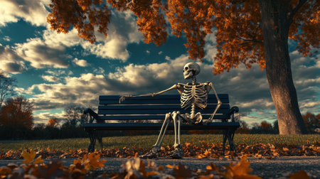 A whimsical skeleton relaxes on a park bench amidst vibrant autumn leaves. The tranquil setting features colorful foliage and dynamic clouds, creating a humorous yet peaceful atmosphere.の素材