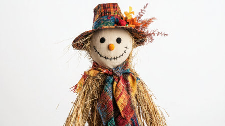 This playful scarecrow features a bright smile, a colorful hat, and decorative flowers, perfect for autumn-themed displays or festive home decor.の素材