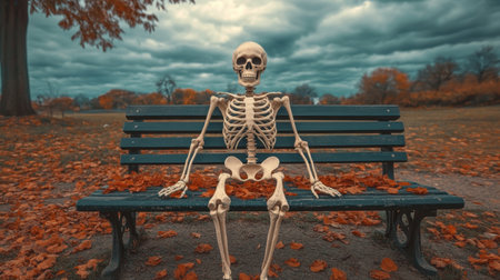 A whimsical skeleton figure sits comfortably on a park bench, surrounded by colorful autumn leaves under dramatic clouds, capturing a playful yet eerie atmosphere.の素材