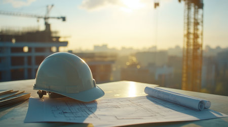 A safety helmet rests on blueprints at a construction site during sunset. This image captures the essence of industrial progress and meticulous planning.の素材