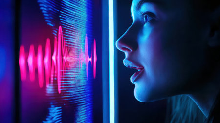 A captivating profile of a woman expressing herself vocally, surrounded by colorful soundwaves. The blend of technology and art creates an engaging visual atmosphere.の素材