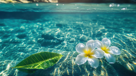 A captivating underwater view showcasing two delicate white flowers and a vibrant green leaf. The clear water creates a serene atmosphere, inviting relaxation and peaceful contemplation.の素材
