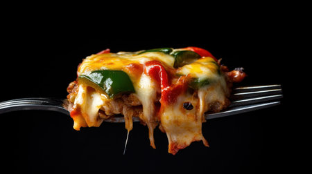 Close-up of a cheesy pizza slice held on a fork, showcasing vibrant toppings and gooey cheese. Perfect for food lovers and culinary enthusiasts.の素材