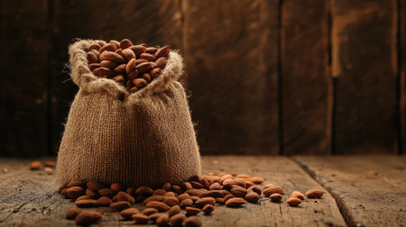 A burlap sack filled with fresh almonds sits on a rustic wooden surface, beautifully illuminated by natural lighting. Perfect for highlighting healthy food.の素材