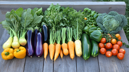 A stunning arrangement of fresh organic vegetables on a rustic wooden surface. This vibrant display includes carrots, tomatoes, and leafy greens, perfect for promoting healthy eating.の素材