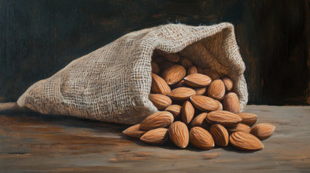 A burlap sack spills fresh almonds onto a rustic wooden surface, showcasing their natural texture and appeal. Ideal for health and cooking themes.の素材