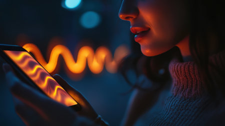 A young woman gazes thoughtfully at her smartphone's glowing screen, surrounded by a vibrant atmosphere. The colorful reflections create an engaging, modern aesthetic.の素材