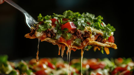A mouthwatering plate of loaded nachos topped with melted cheese, fresh cilantro, tomatoes, and green onions. Perfect for parties or casual dining.の素材