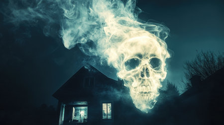 A mysterious scene featuring an ethereal skull formed from ghostly smoke, looming over an abandoned house at night, creating an eerie and haunting atmosphere.の素材