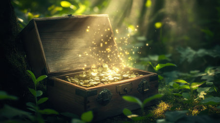 An enchanting scene featuring an open treasure chest filled with glowing coins, nestled in a lush forest. Soft light filters through trees, creating a magical atmosphere.の素材