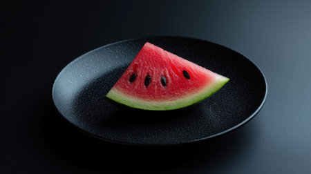 A single slice of fresh watermelon rests on a sleek black plate, showcasing vibrant colors against a dark background. Perfect for summer.の素材