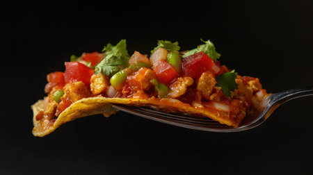 A vibrant close-up of a colorful taco topped with fresh vegetables and herbs on a fork. Ideal for showcasing culinary delights and healthy eating.の素材