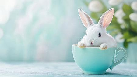 A charming white rabbit playfully rests in a light blue cup surrounded by flowers, evoking feelings of joy and serenity. Perfect for spring-themed projects.の素材