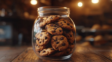 A mouthwatering display of homemade chocolate chip cookies in a glass jar, surrounded by a warm and inviting kitchen atmosphere, perfect for dessert lovers.の素材