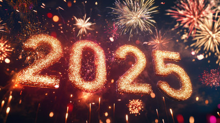 A dazzling display of fireworks illuminates the night sky, celebrating the arrival of 2025. Golden sparkles form the year, enhancing the festive atmosphere.の素材